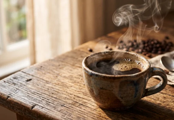 Steaming coffee on a wooden table, perfect for relaxing with B2 level English listening practice on Listenglish.