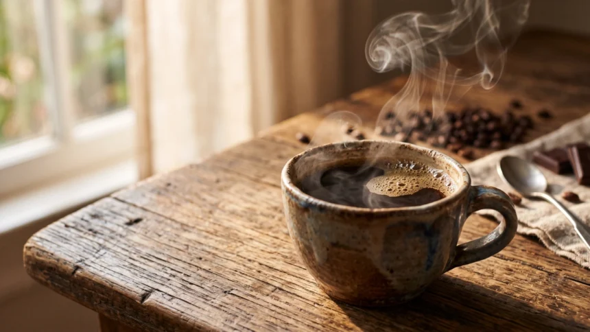 Steaming coffee on a wooden table, perfect for relaxing with B2 level English listening practice on Listenglish.