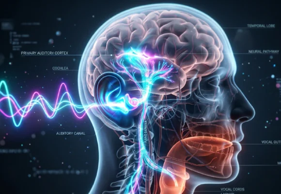c1-advanced-english-listening-brain-process Diagram showing the brain processing sound waves for English listening and shadowing exercises on Listenglish.