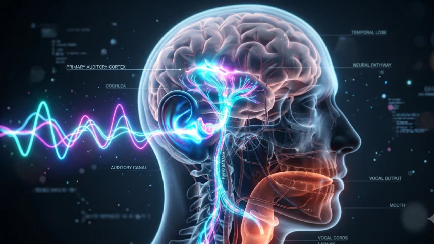 c1-advanced-english-listening-brain-process Diagram showing the brain processing sound waves for English listening and shadowing exercises on Listenglish.