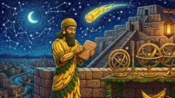 Ancient Mesopotamian astronomer studying constellations for C1 English listening practice on Listenglish.