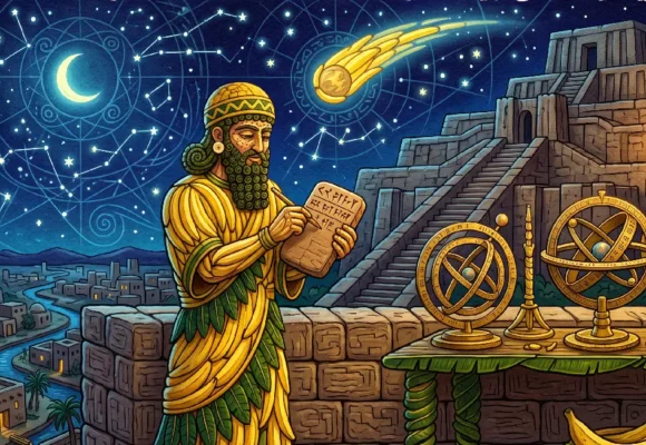 Ancient Mesopotamian astronomer studying constellations for C1 English listening practice on Listenglish.