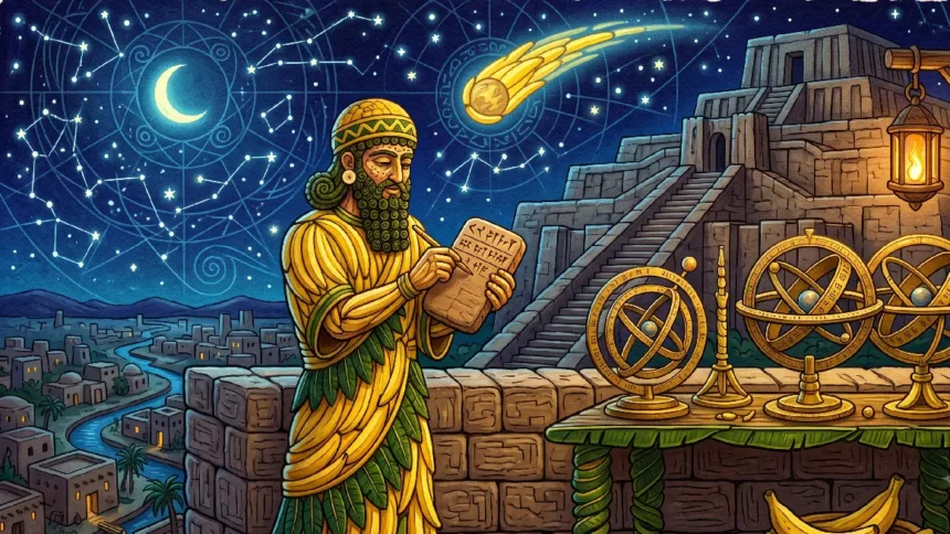 Ancient Mesopotamian astronomer studying constellations for C1 English listening practice on Listenglish.