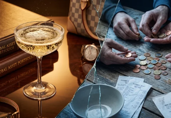 A glass of champagne and wealth books contrast with poor hands counting coins, divided by broken glass.