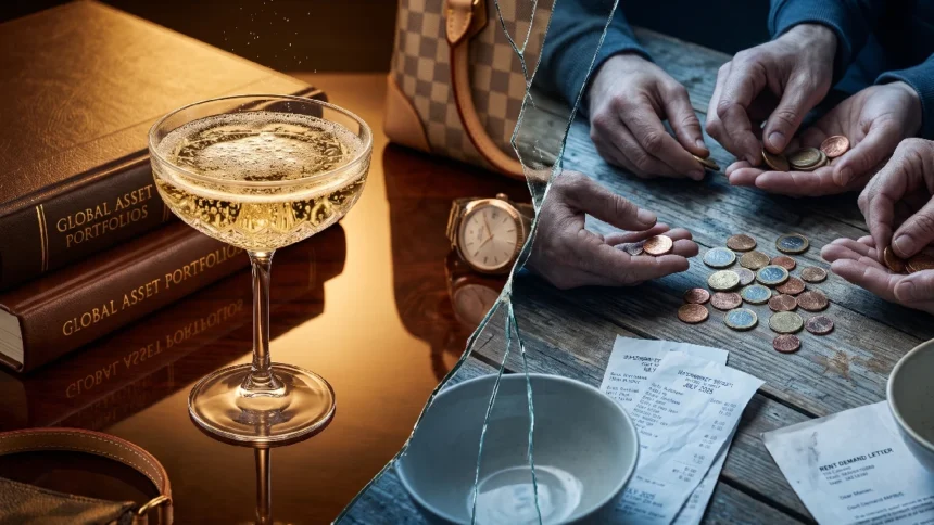 A glass of champagne and wealth books contrast with poor hands counting coins, divided by broken glass.