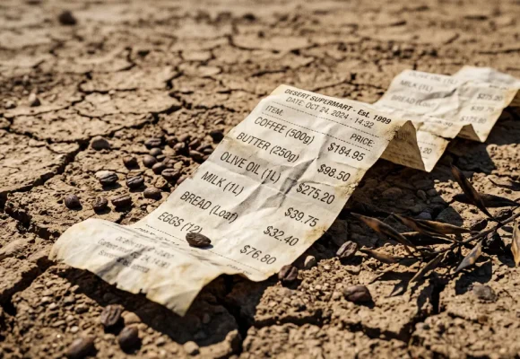 climate-change-inflation-grocery-receipt-advanced-english-vocabulary Grocery receipt with high prices on cracked earth, teaching climate change and inflation vocabulary on Listenglish.