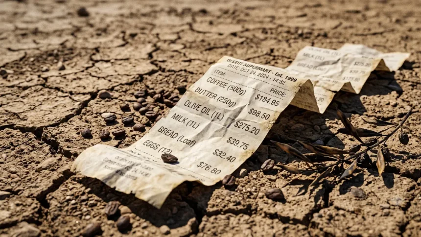 climate-change-inflation-grocery-receipt-advanced-english-vocabulary Grocery receipt with high prices on cracked earth, teaching climate change and inflation vocabulary on Listenglish.