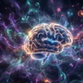 Glowing brain surrounded by colorful energy, illustrating deep focus during Listenglish shadowing and listening exercises.