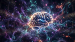 Glowing brain surrounded by colorful energy, illustrating deep focus during Listenglish shadowing and listening exercises.