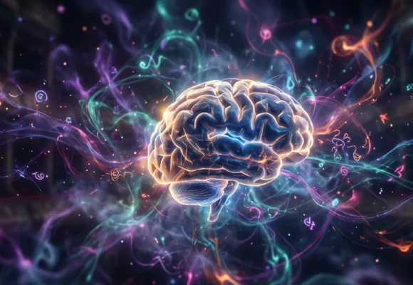 cognitive-english-listening-practice Glowing brain surrounded by colorful energy, illustrating deep focus during Listenglish shadowing and listening exercises.