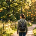 Woman walking in nature with butterflies illustrating creative thinking during an English reading practice on Listenglish.