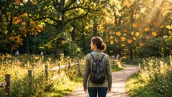 Woman walking in nature with butterflies illustrating creative thinking during an English reading practice on Listenglish.
