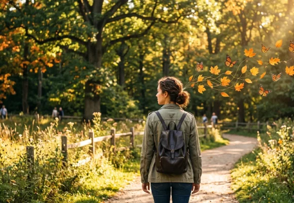 creative-thinking-english-reading-lesson Woman walking in nature with butterflies illustrating creative thinking during an English reading practice on Listenglish.
