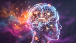 Glowing digital human brain with puzzle pieces representing vocabulary learning in context on Listenglish.