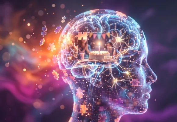 english-memory-vocabulary-brain-concept Glowing digital human brain with puzzle pieces representing vocabulary learning in context on Listenglish.