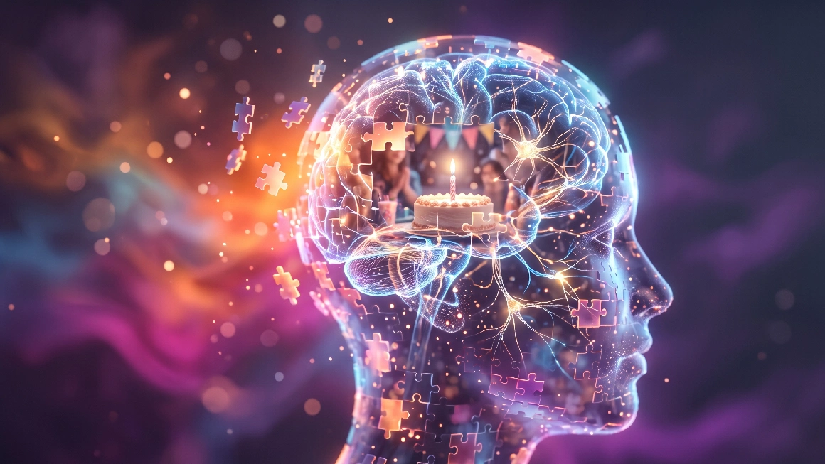 english-memory-vocabulary-brain-concept Glowing digital human brain with puzzle pieces representing vocabulary learning in context on Listenglish.