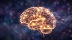Glowing brain representing active cognitive engagement during English listening and shadowing exercises on Listenglish.