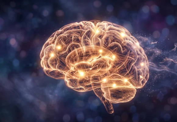neural-pathways-english-pronunciation-training Glowing brain representing active cognitive engagement during English listening and shadowing exercises on Listenglish.