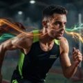 Runner with glowing energy lines representing intense B2 English shadowing and pronunciation practice on Listenglish.