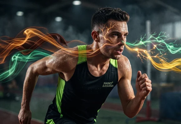 running-athlete-energy-b2-english-shadowing Runner with glowing energy lines representing intense B2 English shadowing and pronunciation practice on Listenglish.