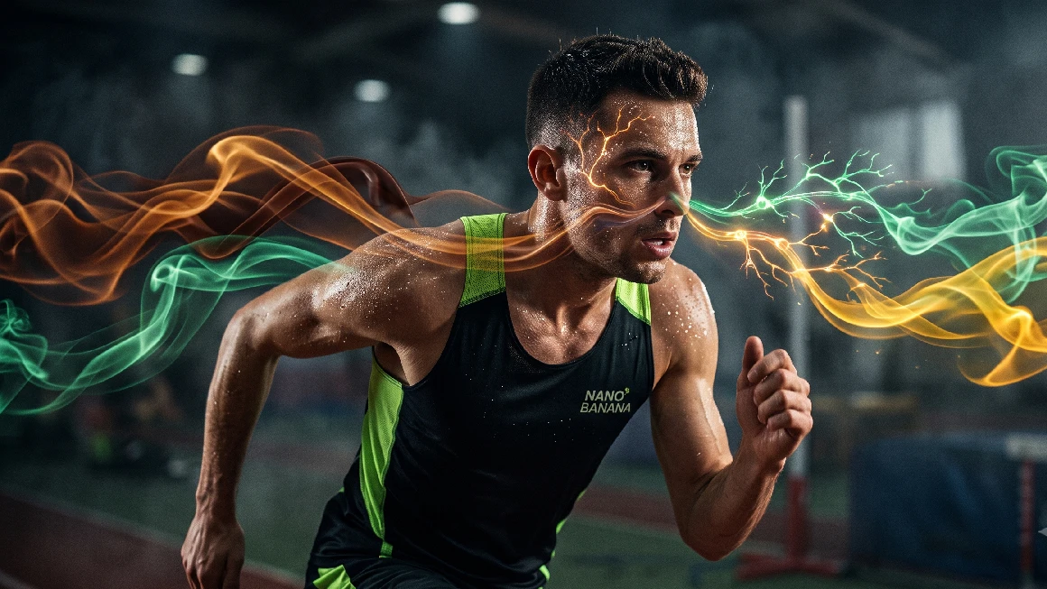 running-athlete-energy-b2-english-shadowing Runner with glowing energy lines representing intense B2 English shadowing and pronunciation practice on Listenglish.