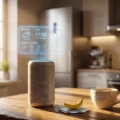 Smart speaker showing daily routine holograms on a desk. Ideal for B1 English listening practice on Listenglish.
