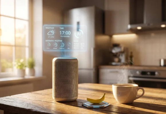 technology-vocabulary-english-practice-b1 Smart speaker showing daily routine holograms on a desk. Ideal for B1 English listening practice on Listenglish.