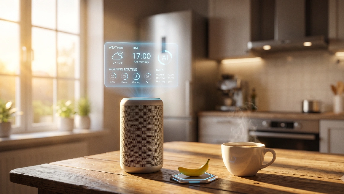 technology-vocabulary-english-practice-b1 Smart speaker showing daily routine holograms on a desk. Ideal for B1 English listening practice on Listenglish.